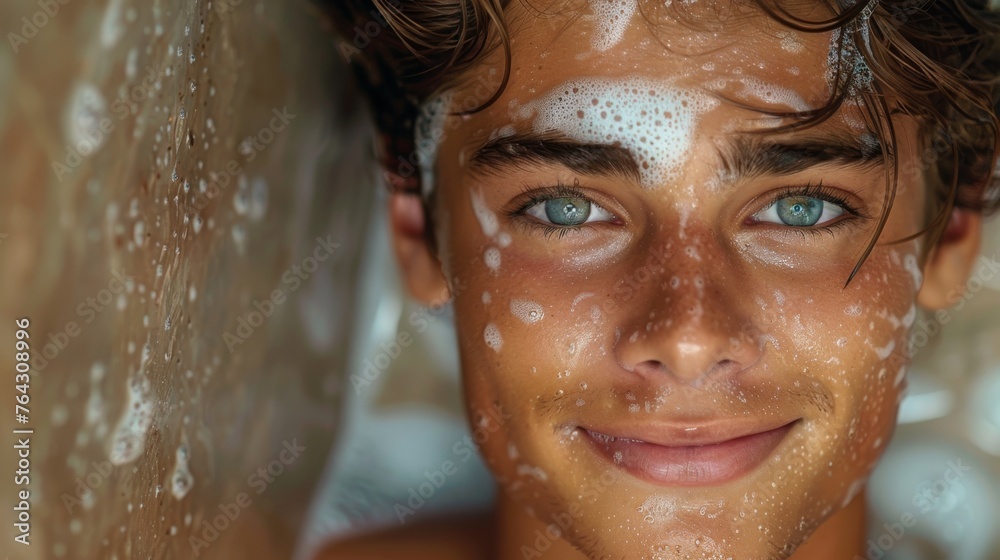 Young man washing his face with facial foam and smiling at the camera