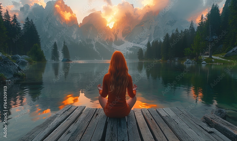 Facing back young woman practicing meditation or yoga, sitting on a wooden pier on the shore of a beautiful mountain lake at sunrise or sunset - obrazy, fototapety, plakaty 
