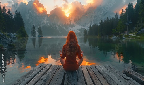 Facing back young woman practicing meditation or yoga, sitting on a wooden pier on the shore of a beautiful mountain lake at sunrise or sunset #764309113