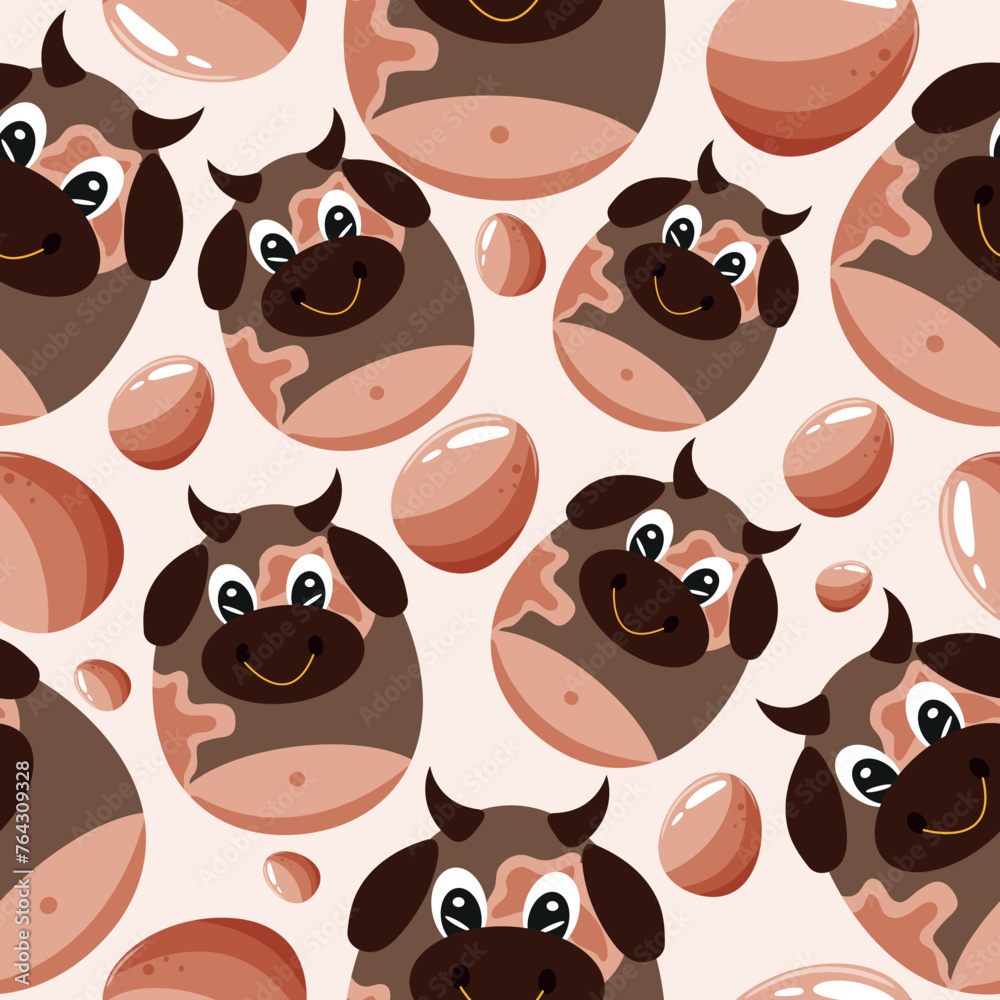 Obraz premium Easter seamless pattern with decorated eggs with brown bull and brown eggs for holiday poster, textile or packaging