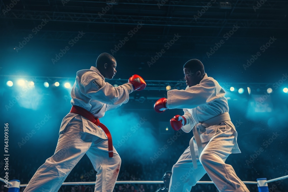 Two men wearing white and red boxing outfits engage in a boxing match inside a boxing ring, Kumite tournament under bright lights, AI Generated - obrazy, fototapety, plakaty 