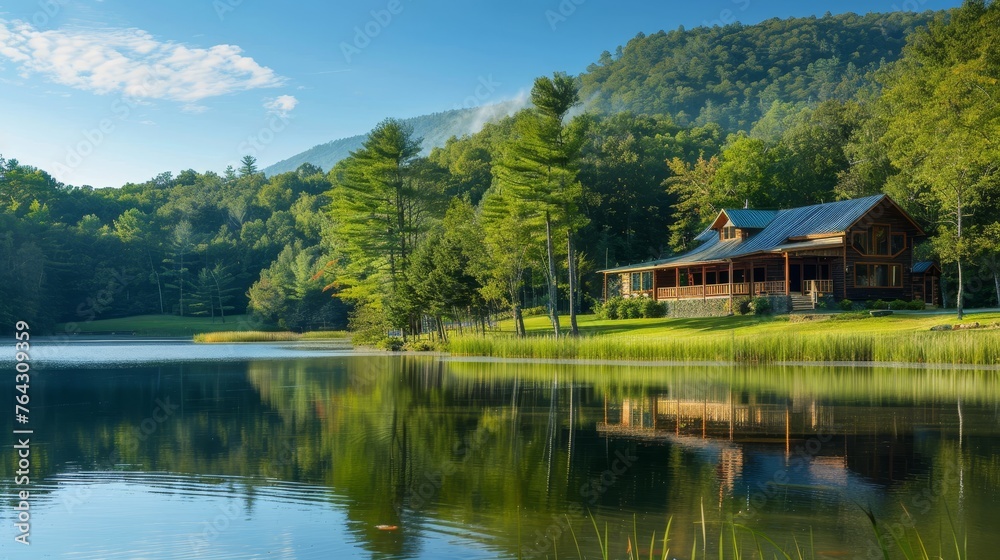 Fototapeta premium A serene mountain retreat offering corporate team-building activities and leadership development programs AI generated illustration