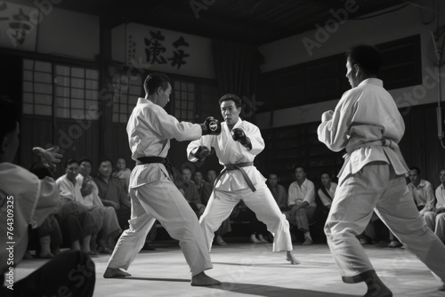 Two men take a karate stance in this black and white photo, showcasing their martial arts skills, Karatekas in mid-bout under the watchful eye of a referee, AI Generated