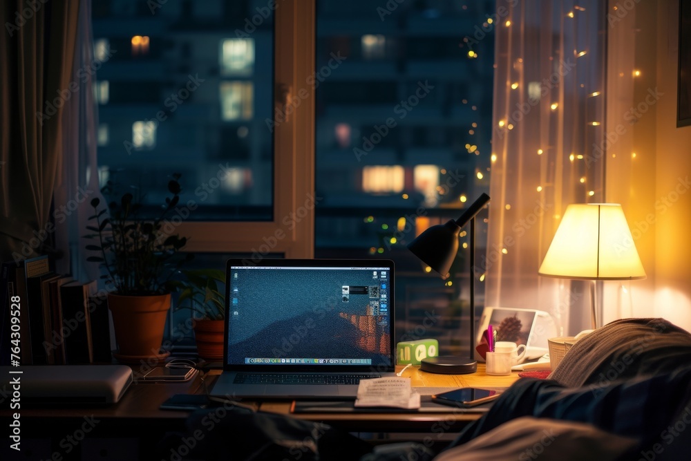 A laptop computer is placed on top of a sturdy wooden desk, ready for use, Late night work from home scenario filled with anxiety, AI Generated A laptop computer is placed on top of a sturdy wooden desk, ready for use, Late night work from home scenario filled with anxiety, AI Generated