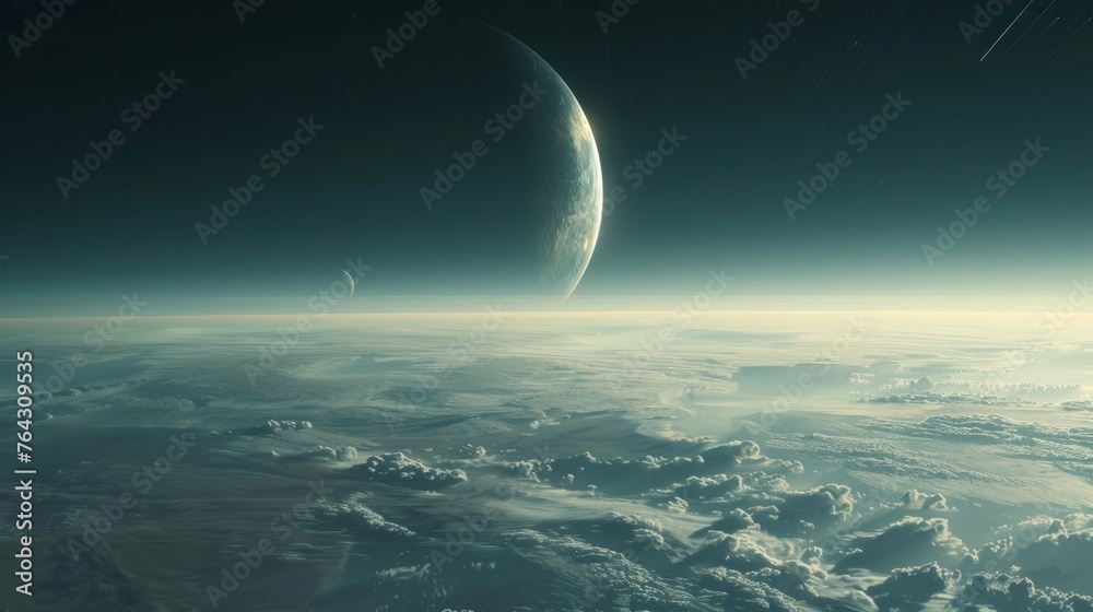A serene view of a distant planet rising above the horizon AI generated illustration