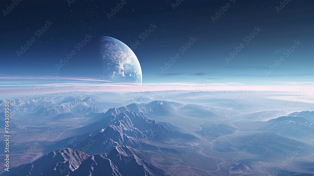 A serene view of a distant planet rising above the horizon  AI generated illustration
