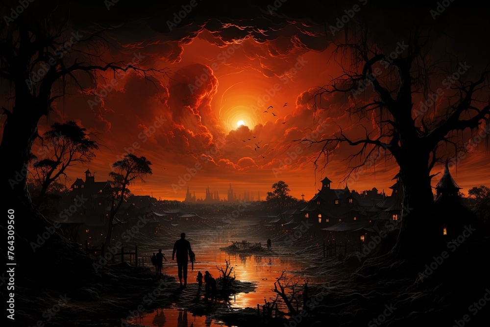 a painting of a sunset with a man and a child