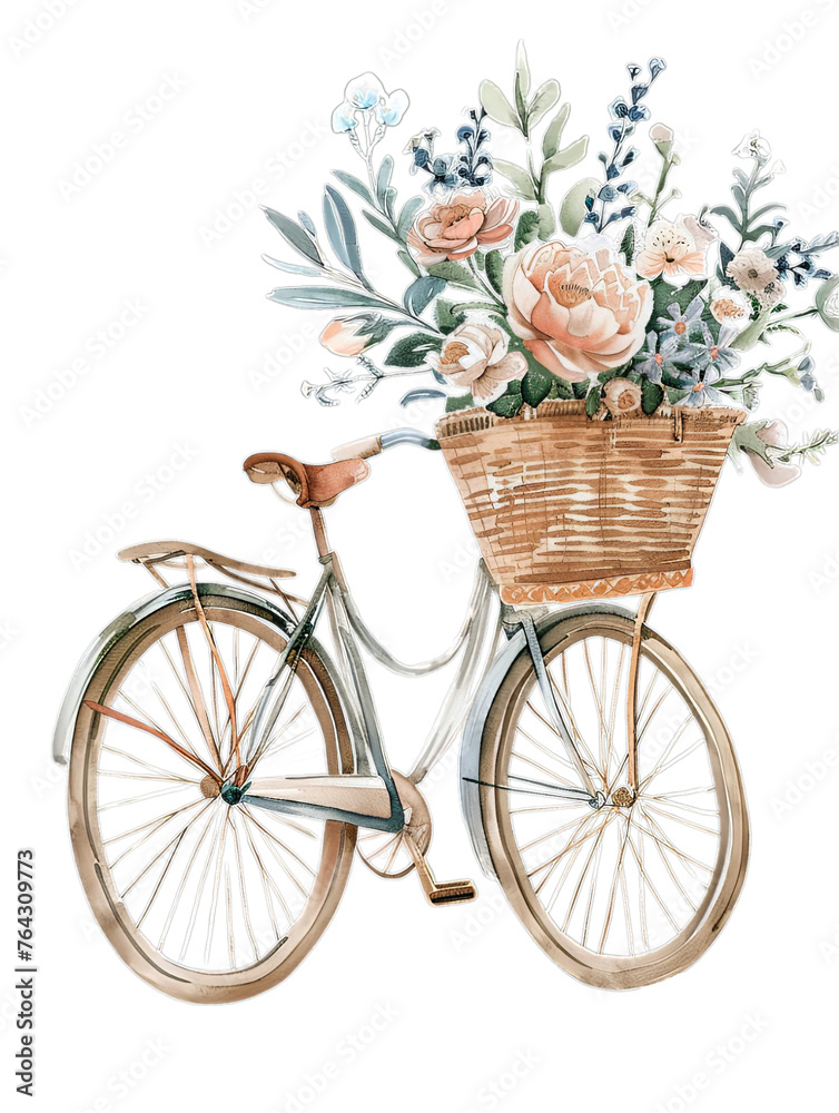 Elegant minimal design of women's bicycle with pastel flowers in basket, watercolor style. Perfect for greeting cards, invitations, and feminine-themed designs