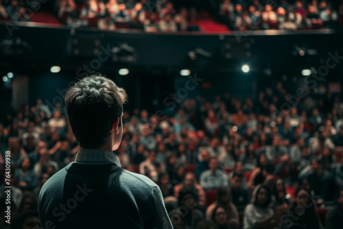 A man confidently stands before a large crowd, addressing them with determination, Man presenting a pitch in an auditorium filled with people, AI Generated photo