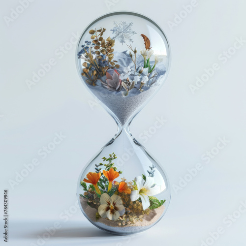 Hourglass with winter flowing into summer. Perfect for illustrating daylight saving time articles, seasonal change concepts, and calendar designs.