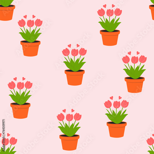 Cute flowerpots with tulips seamless spring background.Mother's Day.Pattern for textile, wallpaper, packaging, cover