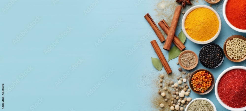 Assorted spices, seasonings and herbs in bowls on a blue background. Top view. Wide banner with copy space. Concept of culinary variety, food preparation, and seasoning ingredients. Assorted spices, seasonings and herbs in bowls on a blue background. Top view. Wide banner with copy space. Concept of culinary variety, food preparation, and seasoning ingredients.