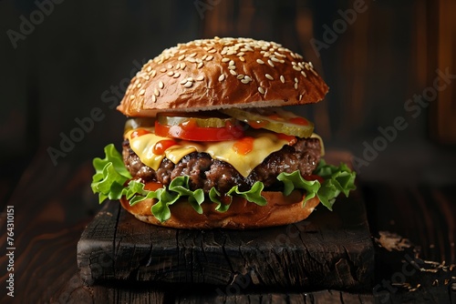 Classic Cheeseburger on Wooden Board Gourmet burger with cheese and sesame bun. © milanchikov