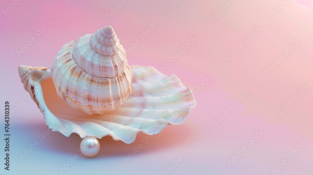 A single seashell with a pearl against a pastel backdrop  AI generated illustration