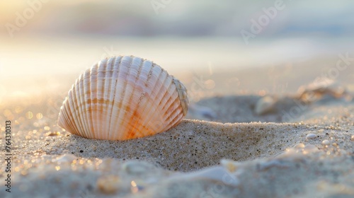A single seashell on a sandy beach with a gradient background AI generated illustration