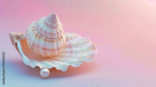 A single seashell with a pearl against a pastel backdrop AI generated illustration