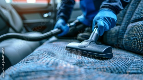 Professional car cleaning service. Person wearing gloves vacuuming car seat with vacuum cleaner. Auto detailing and valet concept.