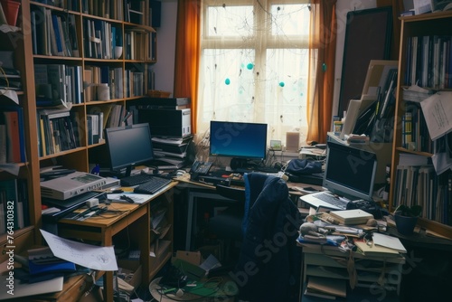 A messy desk with various items scattered around, featuring a computer as the central focus, Organised chaos of a shared home workspace, AI Generated