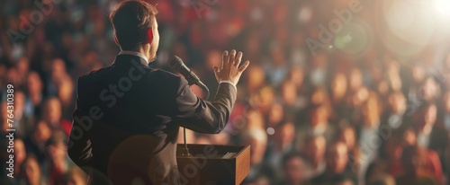 Presidential candidate delivering speech to voters. Orator on stage with microphone. Asian man. Concept of electoral campaign, presidential speech, voter engagement. Banner. Copy space photo