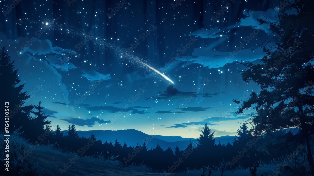 A tranquil scene of a comet streaking across the night sky AI generated illustration A tranquil scene of a comet streaking across the night sky AI generated illustration