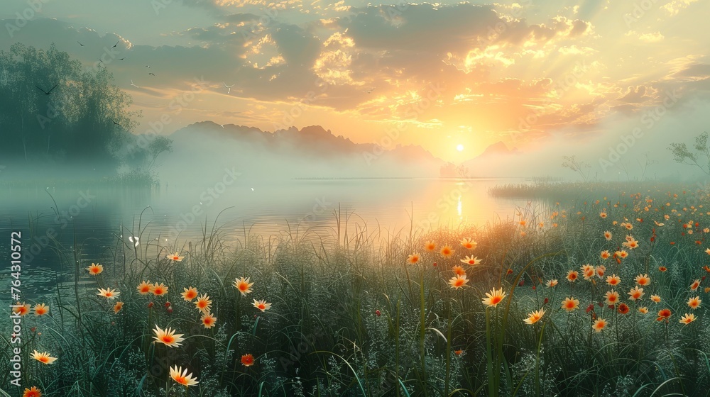 Sunrise over a misty lake with wildflowers. Dawn breaking over a peaceful lake surrounded by flowers. Concept of new beginnings, nature awakening, calm mornings, and scenic sunrise. Digital art - obrazy, fototapety, plakaty 