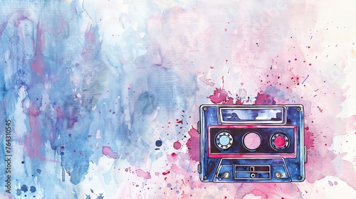 Watercolor audio cassette with vibrant splatters. Cassette tape illustration on a creative background. Concept of retro technology, artistic expression, nostalgia, sound recording. Banner. Copy space