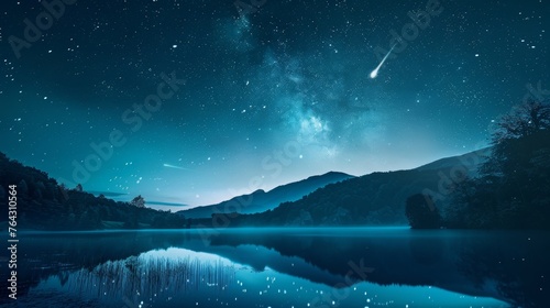 A tranquil scene of a comet streaking across the night sky AI generated illustration