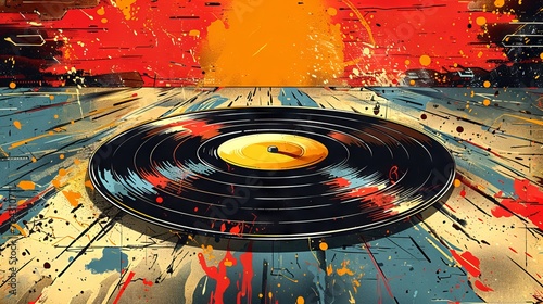Grungy vinyl record on an abstract paint-splattered background. Vintage lp. Pop art style. Concept of retro music, artistic expression, and vibrant nostalgia. © Jafree