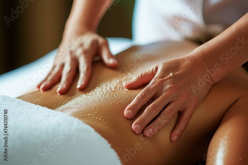 A woman lies on a massage table while a therapist provides a soothing back massage with essential oils at a luxurious spa, Person enjoying a therapeutic massage therapy, AI Generated