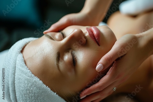 A woman lying on a massage bed while receiving a facial massage on her face from a professional therapist, Person enjoying a therapeutic massage therapy, AI Generated