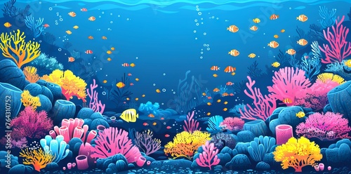 Vibrant coral reef in ocean waters. Colorful corals. Concept of marine life, underwater biodiversity, tropical ecosystem, and natural aquarium. Digital illustration, artwork © Jafree