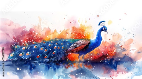 Watercolor illustration of peacock with bright feathers. Concept of wildlife beauty, ornithology, bird watching, exotic fauna. White background. Aquarelle splashes. Vibrant colorful bird. Art