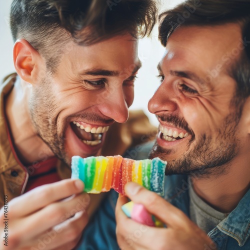 Happy gay couple eating rainbow candy 
