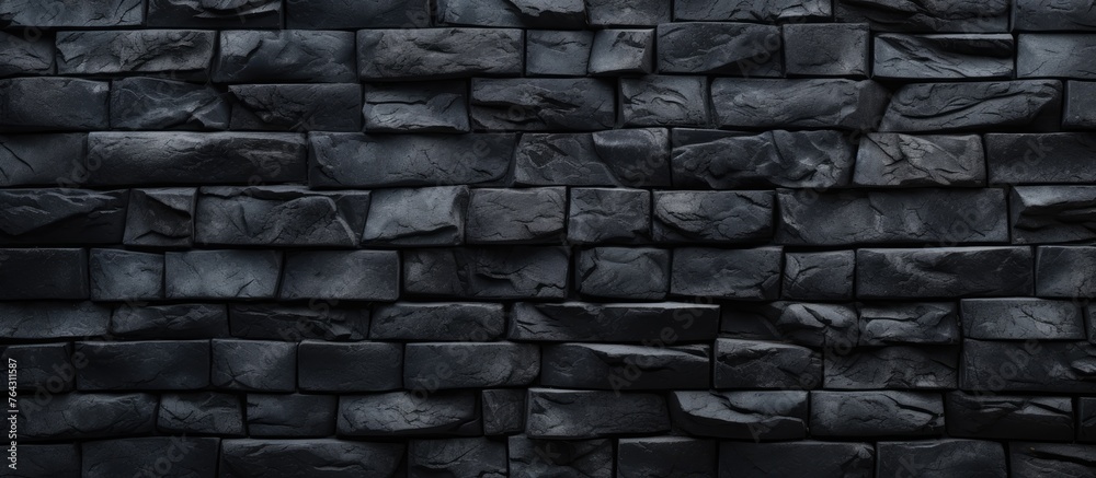 This image features a detailed view of a dark stone wall set against a solid black background