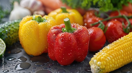 Variety of vegetables, red pepper, yellow pepper, tomatoes