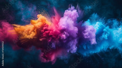 A vivid explosion of CMYK-colored holi paint powder isolated against a dark background, symbolizing the colorful and dynamic world of printing and manufacturing © Orxan