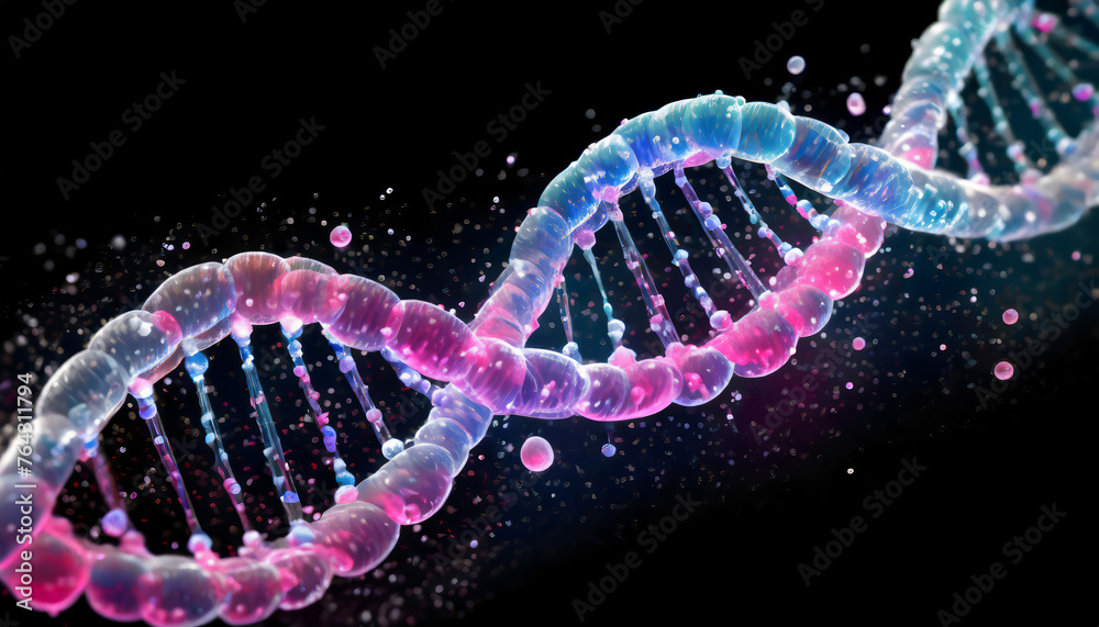 Realistic dna made of transparent pink, white, blue particles, liquid, particles isolated on black background