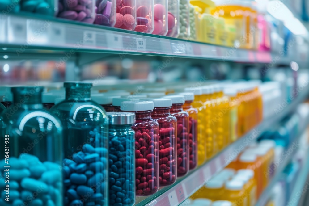 A display case showcasing a wide variety of differently colored items, creating a vibrant and diverse visual display, Rows of different colored medicine bottles in a pharmacy, AI Generated
