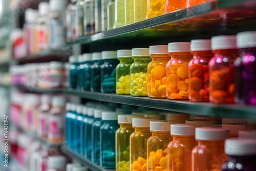 A shelf filled with a diverse array of bottles containing various types of liquid substances, Rows of different colored medicine bottles in a pharmacy, AI Generated
