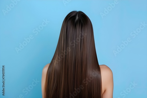 Portrait of a Woman with Brown Straight Long Hair Against a Blue Background. Concept Portrait Photography, Women's Hairstyles, Blue Background, Long Hair, Beautyportrait photo