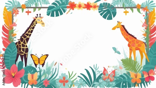 Wallpaper Mural Watercolor frame with tropical leaves and animals. Giraffe, birds, butterflies, tropical flowers. Background with place for text. Floral frame for the design of invitations, cards. Torontodigital.ca
