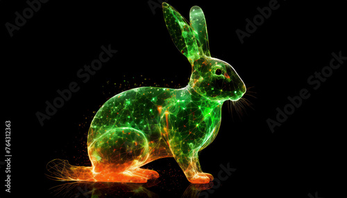 Realistic rabbit made of transparent green, white, orange particles, liquid, particles isolated on black background