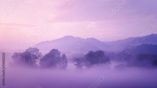 Light lavender mist enveloping a tranquil pastel landscape AI generated illustration