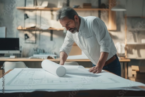 A man stands over a sizable sheet of paper, engaged in an activity involving drawing or writing, Skilled architect examining blueprints of an architectural marvel in making, AI Generated