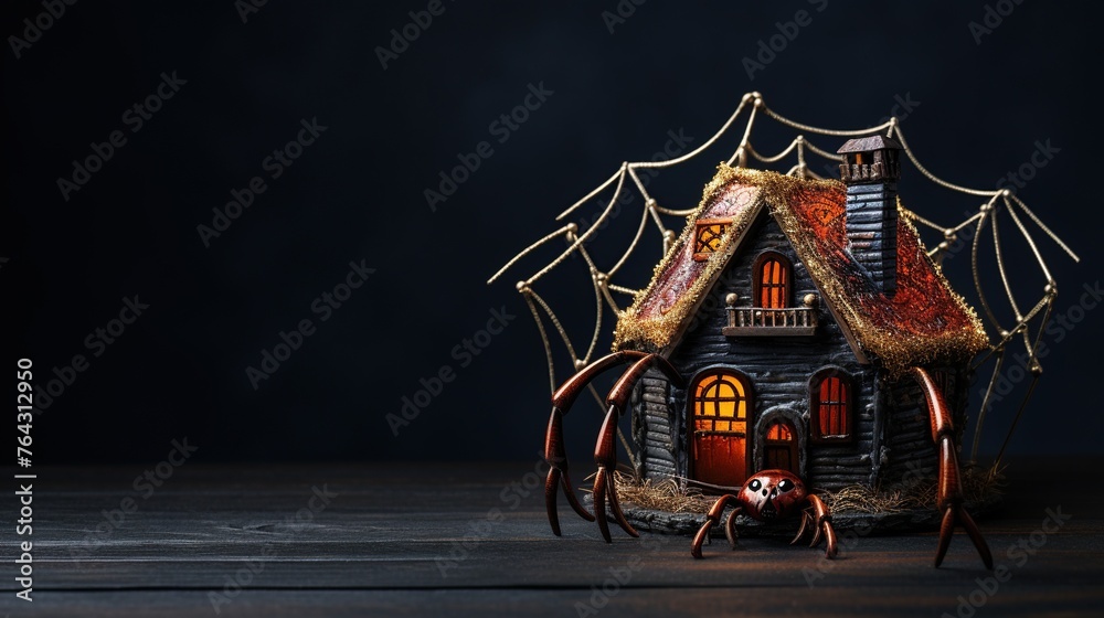 Naklejka premium 3D spider house with miniature horror house on dark background.