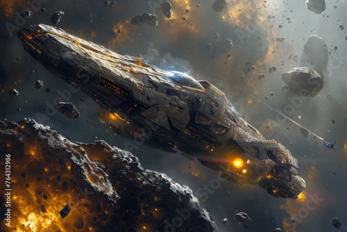 Fototapeta Naklejka Na Ścianę i Meble -  A space ship darts through the vastness of space, navigating through an asteroid field, Space pirates looting a derelict spaceship in an asteroid field, AI Generated