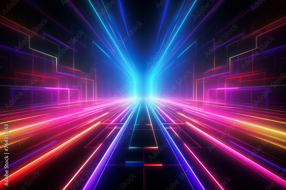 Motion speed neon light tunnel or corridor. Futuristic laser cyberspace perspective background.