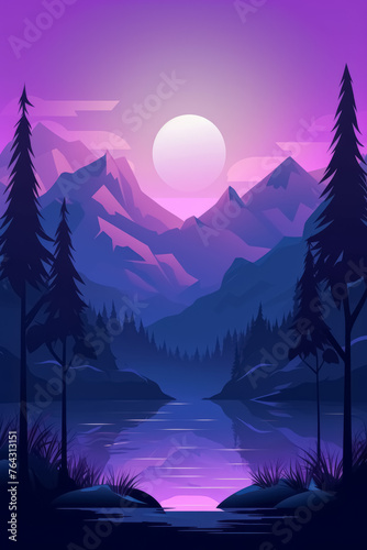 Flat style abstract minimalistic aesthetic mountains landscape background. Purple color shades. © Bisams