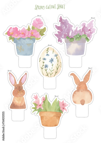 Printable cutout sheet with watercolor flower pots of rose, iris, lilac flowers, easter decorated floral egg, rabbits - hand drawn diy illustration photo