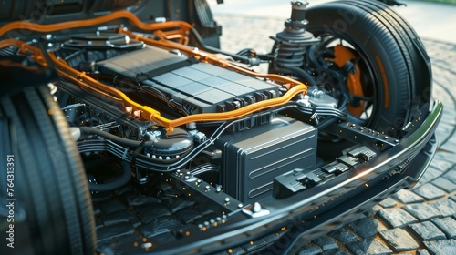 An electric car's eco-friendly engine system, focusing on the battery and wiring, underlining the shift towards greener transportation options photo